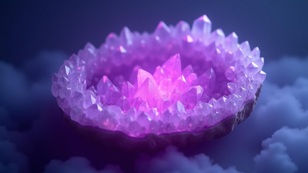 Nagniningning na 3D render ng isang kumikinang na amethyst crystal