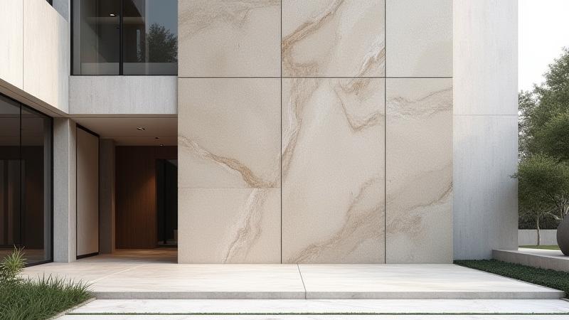 Eleganteng architectural visualization ng isang gusali na may detalyadong stone cladding