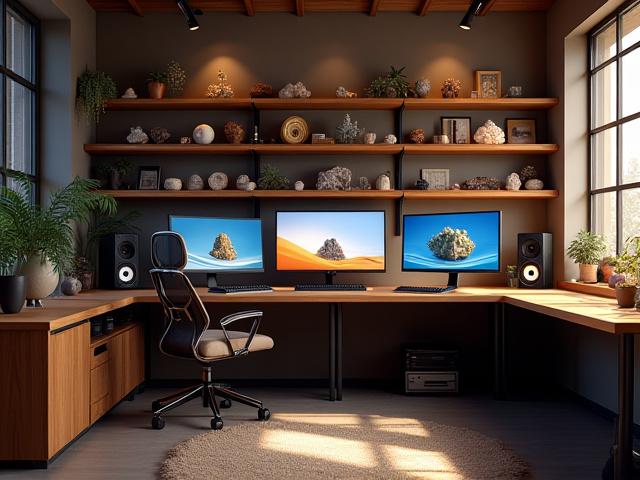 Isang modernong studio na may 3D modeling work station at mineral samples na nakadisplay